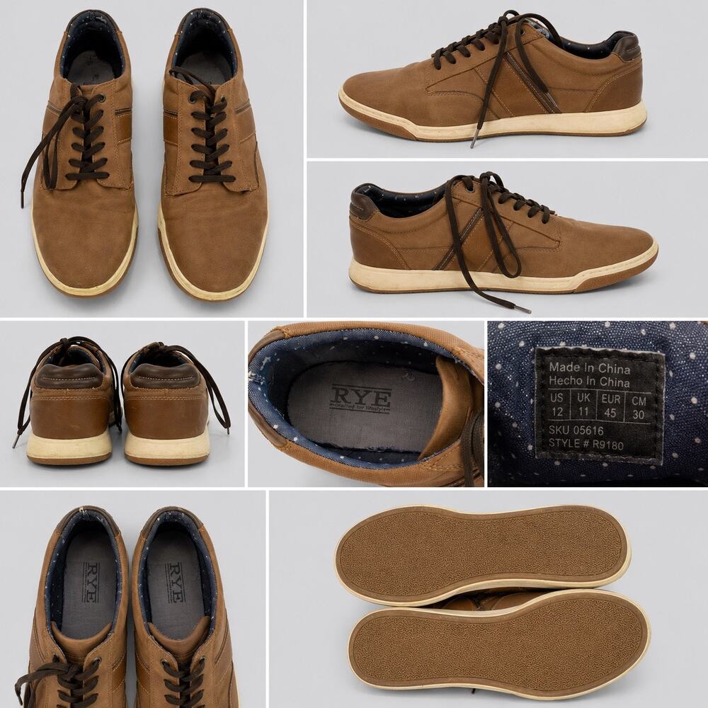 RYE Men’s Brown Casual Sneakers Lace Up Comfort Shoes Size 12 Leather Look